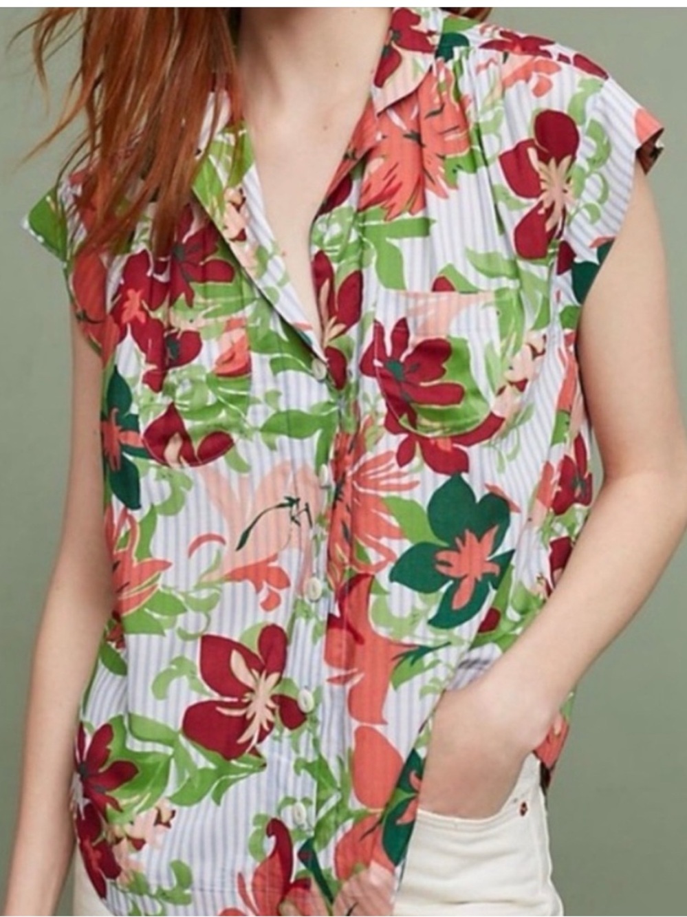 Maeve Floral Short-Sleeve Button-Down Shirt in Red, Green, Coral